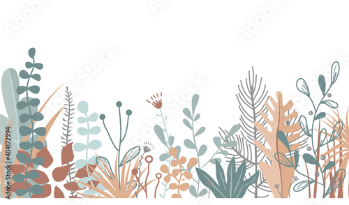Abstract foliage, plant leaves flat vector illustration. Herbal collection banner template. Beautiful scandinavian style floral background design