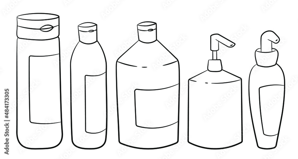 Set of bottles and dispensers black outline on a white background. Bottles with flip top caps and labels. Rounded shapes. Set of bottles and dispensers black outline on a white background. Bottles with flip top caps and labels. Rounded shapes.