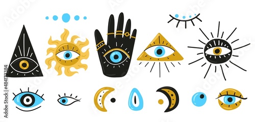 Evil eyes. Set of hand drawn different mascots. Evil eye  Hamsa  Hand of Fatima  Eye of Providence. Illustrations of amulets in blue. Freehand drawing style. Isolated on white.