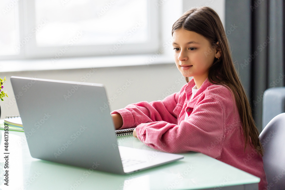 Little young girl doing her homework at home and using a laptop Little young girl doing her homework at home and using a laptop