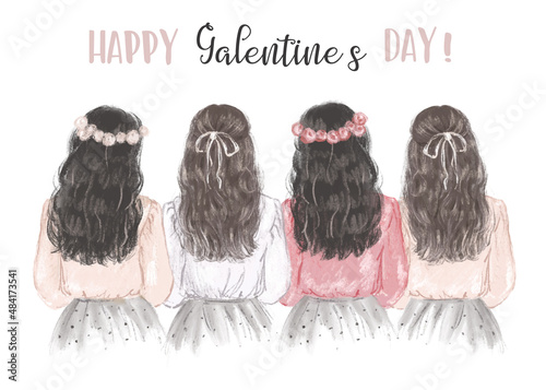  Four girls celebrating Galentine's Day hand drawn illustration