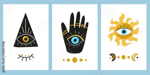 Talismans, amulets - a set of posters. Protection from the evil eye, mystical symbols, esotericism. Hamsa, Hand of Fatima, Eye of Providence. Vector illustrations isolated on white.