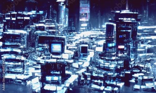 Abstract Blue Neon Futuristic Backdrop. Cyberpunk future concept. City of a future. Creative techno wallpaper. 3D illustration