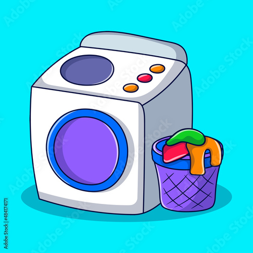 Washing machine illustration with colored hand drawn doodle style