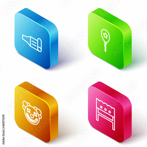 Set Isometric line Birthday party horn, Balloon with ribbon, Clown head and BBQ brazier icon. Vector