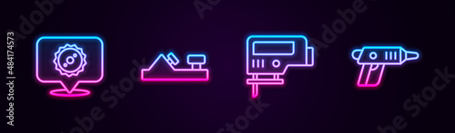 Set line Circular saw blade, Wood plane tool, Electric jigsaw and cordless screwdriver. Glowing neon icon. Vector