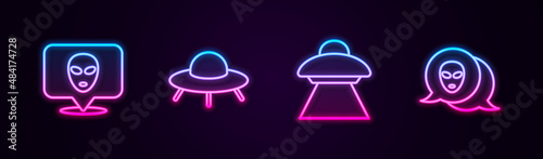 Set line Alien, UFO flying spaceship, and . Glowing neon icon. Vector