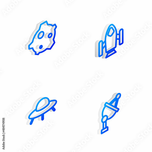 Set Isometric line Rocket ship, Asteroid, UFO flying spaceship and Satellite dish icon. Vector