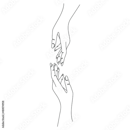 Two female hands drawn by one line isolated on white background. Sketch. Continuous line drawing lover, romantic art, togetherness. Simple vector illustration.