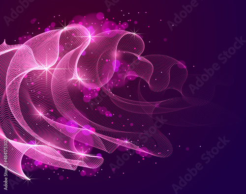 3d magic particles mesh array over dark, sound wave flowing, transparent tulle textile on wind. Round points vector effect illustration. Blended mesh, calming relaxing wallpaper.