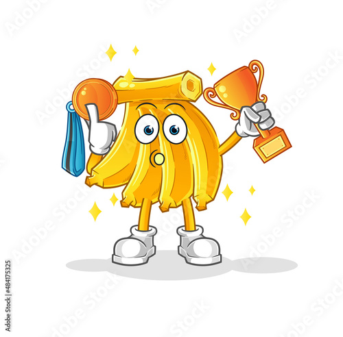 Banana winner with trophie. cartoon character