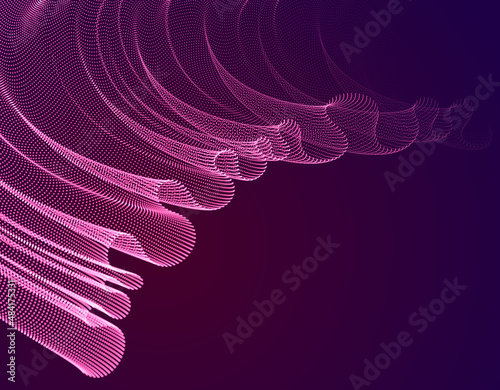 3d magic particles mesh array over dark, sound wave flowing, transparent tulle textile on wind. Round points vector effect illustration. Blended mesh, calming relaxing wallpaper.