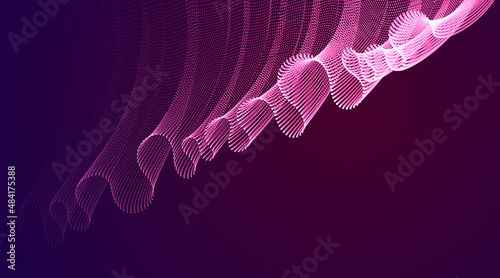 Dynamic magic wave transparent tulle textile on wind over dark, particles flow, effect in motion. Vector abstract background. 3d shape dots blended mesh, relaxing calming wallpaper.