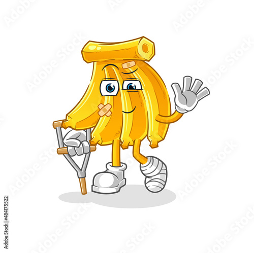 Banana sick with limping stick. cartoon mascot vector
