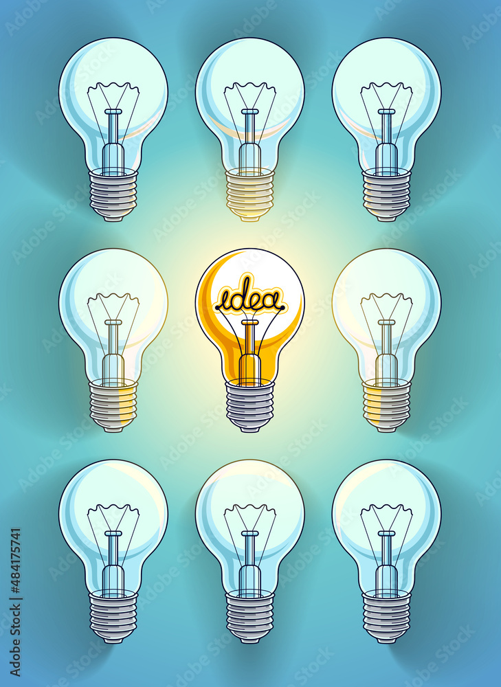 Idea concept light bulbs vector illustration with single one is shining, think different, creativity, be special, leadership. Idea concept light bulbs vector illustration with single one is shining, think different, creativity, be special, leadership.
