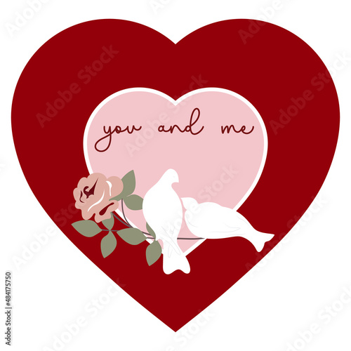 Vector illustration valentine card with birds and rose in red heart, happy valentine's day