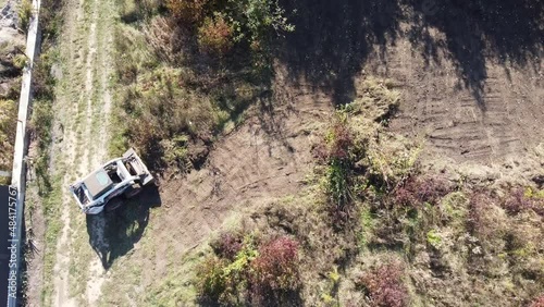 aerial view of small tractor prepare construction site to build house