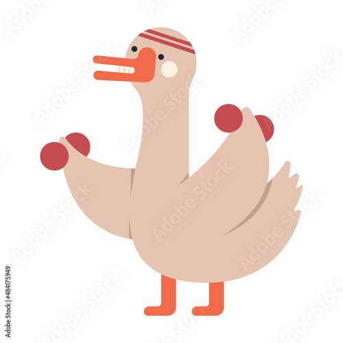 Cute goose with dumbbells vector cartoon character illustration isolated on a white background.