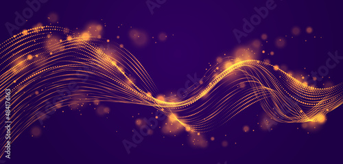 Dynamic particles sound wave flowing over dark. Dotted curves vector abstract background. Beautiful 3d wave shaped array of shining blended points.