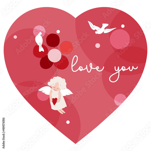 Vector illustration of an angel in a red heart, happy valentine's day, love you