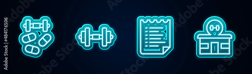 Set line Sports doping with dumbbell, Dumbbell, training program and Gym building. Glowing neon icon. Vector
