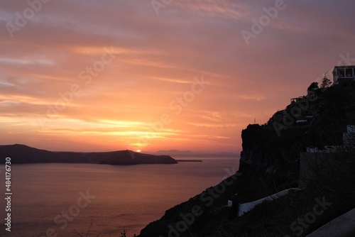 View of a beautiful orange sunset in Fira Santorini Greece