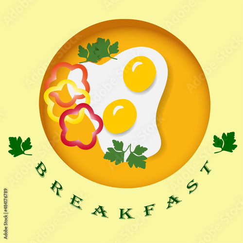 Breakfast. Fried eggs with vegetables and herbs