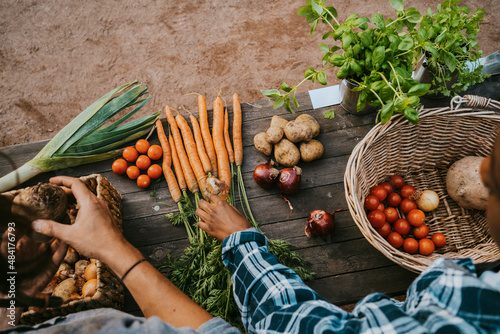 High angle view of female and male with organic vegetables at table photo