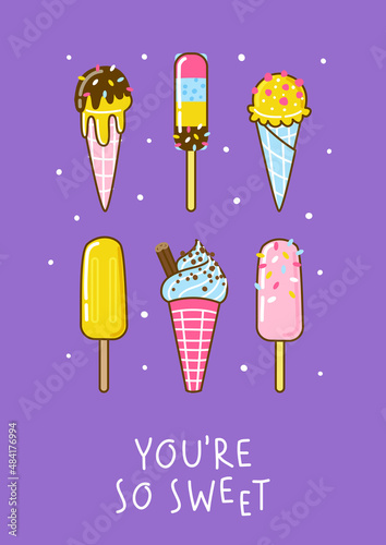 Cartoon ice cream on purple background for Your sweet design