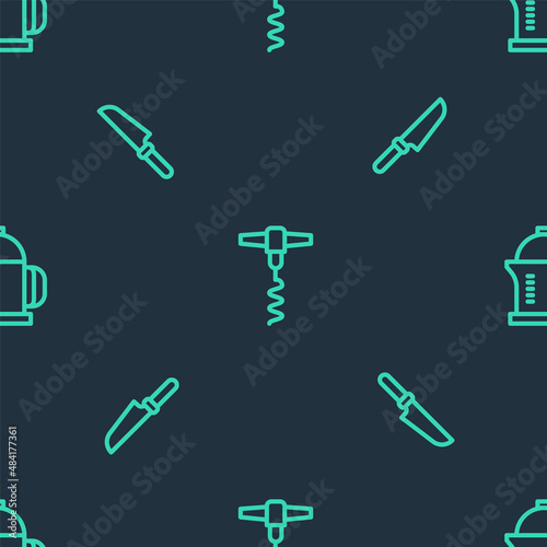 Set line Wine corkscrew, Knife and French press on seamless pattern. Vector