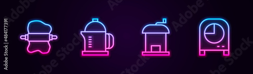 Set line Rolling pin on dough, French press, Manual coffee grinder and Kitchen timer. Glowing neon icon. Vector
