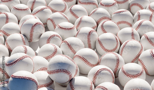 Panorama of a pile of baseballs. 3D illustration of the view of a lot of baseballs
