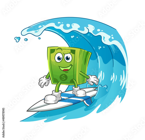 money surfing character. cartoon mascot vector