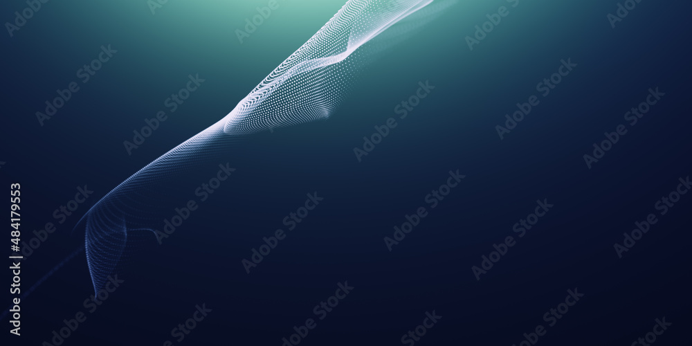 Blue particles wave background. Abstract dynamic mesh. Big data technology. Abstract particular flow dot background, landing page