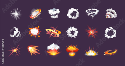 Collection of colorful bomb explosion. Blast atom explosive effect. Atomic destruction