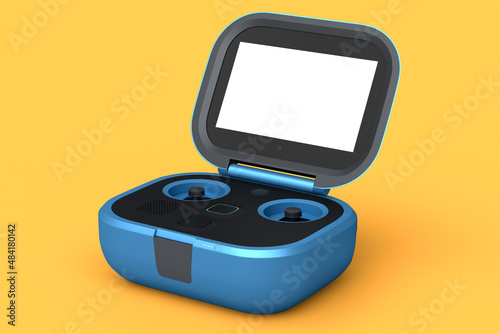 Flying photo and video drone remote with action camera isolated on orange