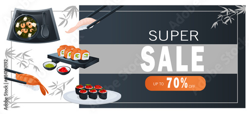 Banner design for Chinese food. Sashimi, sushi and rolls, miso soups. Vector illustration for poster, banner, cover, flyer, menu, advertisement. Sale and discounts