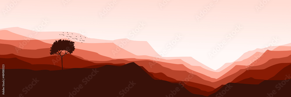 mountain landscape with standalone tree silhouette flat design vector good for wallpaper, backdrop, background, web banner, and design template mountain landscape with standalone tree silhouette flat design vector good for wallpaper, backdrop, background, web banner, and design template