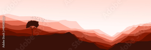 mountain landscape with standalone tree silhouette flat design vector good for wallpaper, backdrop, background, web banner, and design template