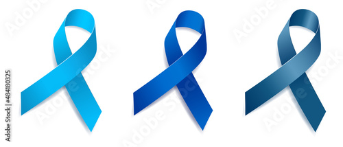 Set of tree blue ribbon awareness Arthritis, Men s health, Prostate cancer, Congenital and Genetic Diseases. Isolated on white background. Vector illustration