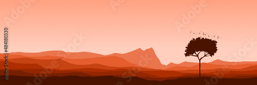 mountain landscape with standalone tree silhouette flat design vector good for wallpaper, backdrop, background, web banner, and design template