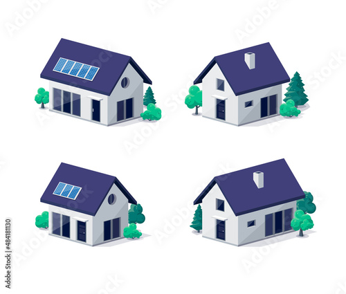 Classic modern family house building icon in 3d view. Residential home property. Contemporary standard suburban village style with gable roof and solar panels. Isolated vector real estate illustration