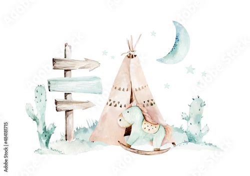 Obraz Zestaw z elementami etnicznymi: kaktus, namiot tipi, tradycyjny wigwam, pióro, strzałka. Dziki Zachód