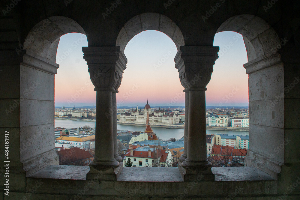 Fototapeta premium View over the city from the Fisherman's Bastion at sunset, in winter. Budapest, Hungary.