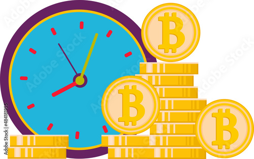 Hours and a bunch of bitcoins. A vector associated with cryptocurrency. Flat illustration. E-commerce, blockchain, the concept of cryptocurrency.