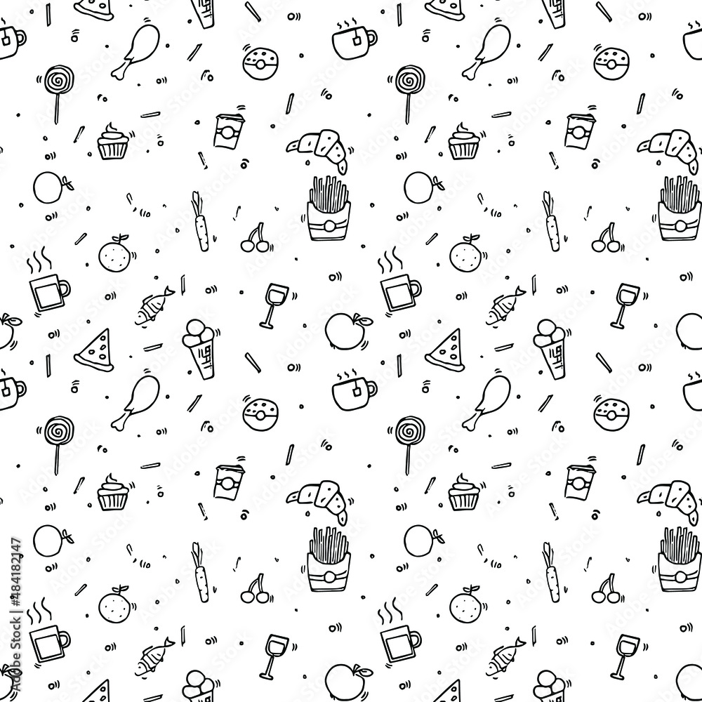 Naklejka premium seamless pattern with food icons. icons of sweets, vegetables and fruits. vector food icons