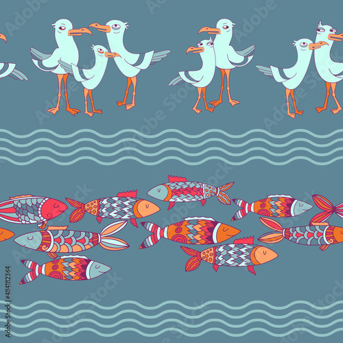 Cute seagull and fish. Seamless pattern with cartoon animals. Vector.