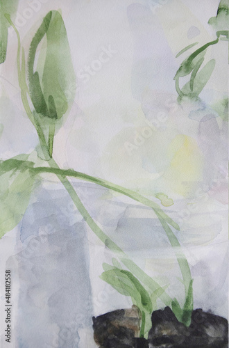 Contemporary card. Horticultural relax illustration. Seedlings in ground. Young plants in transparent flower pot watercolor. ESG concept.