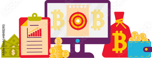 Vector illustration, the concept of cryptocurrency. A computer with a target and a bitcoin icon, Internet money. An office desk with documents and money.