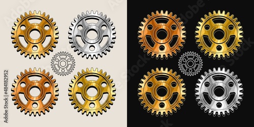 Gold, brass, copper, steel polished gears in vintage style. Base shape of gears with editable strokes. Good for decoration in steampunk style. Vector.